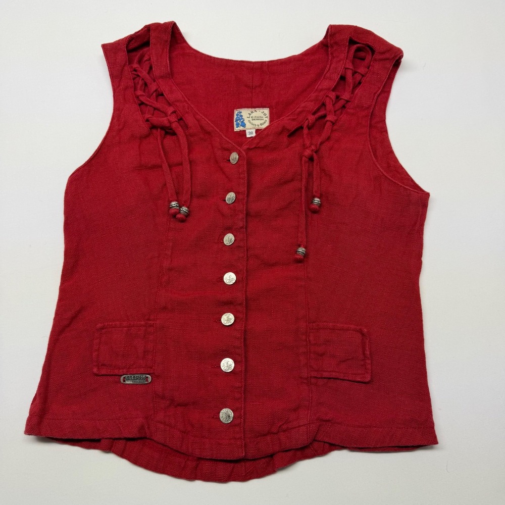 🟡 Lara Joy Germany Red Linen Blend Vest Womens Size 38 Button Front Pockets